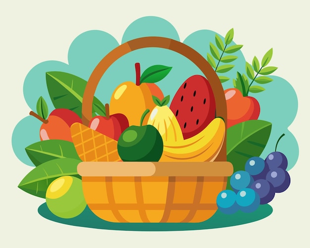 a basket of fruit with a blue background with a picture of a fruit basket