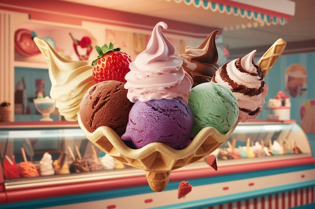 a basket of ice creams with one that has ice cream on it