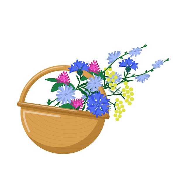 A basket with a bouquet of summer flowers Summer mood Wildflowers cartoon vector illustration