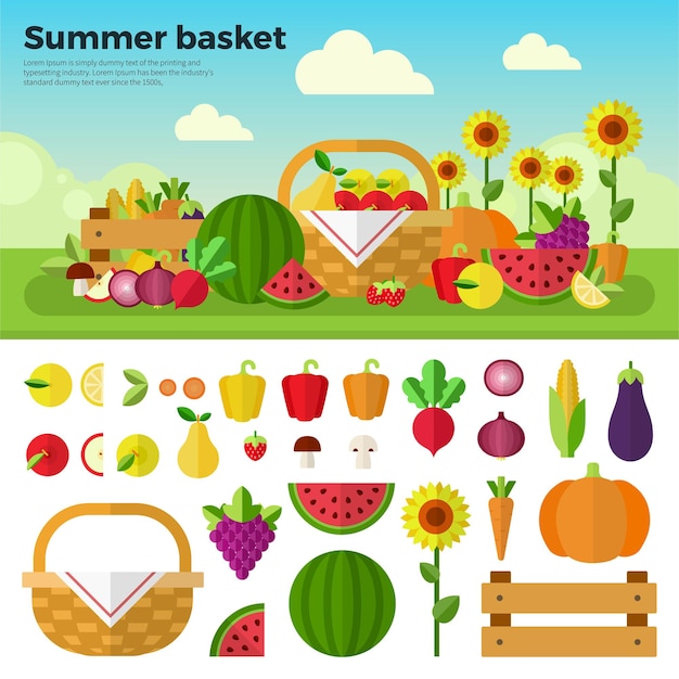 Basket with fresh fruits and vegetables on the summer meadow Fruits vegetables sunflower