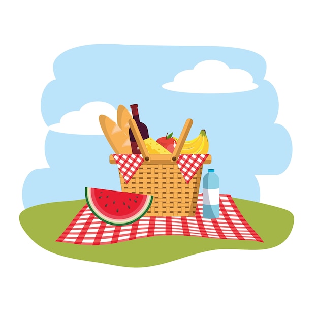 basket with fruits and bread in the tablecloth decoration