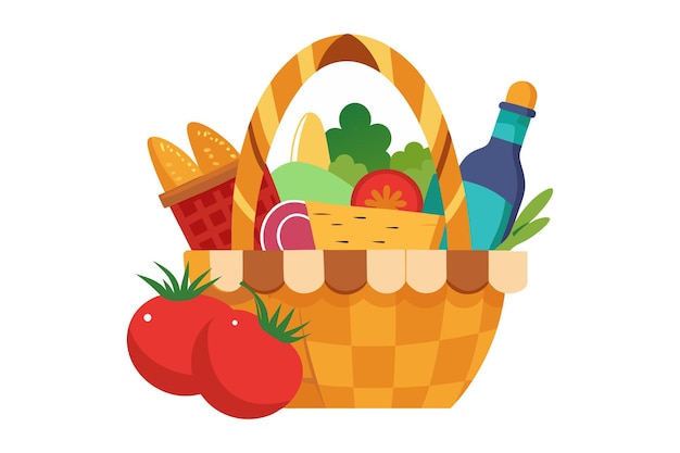 Vector basket with many foods for picnic isolated on white background