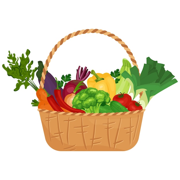 Basket with vegetables cartoon vector illustration Vegetarian nutrition market concept