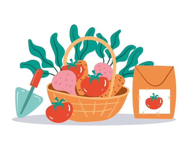 Basket with vegetables and garden tools design element cartoon illustration