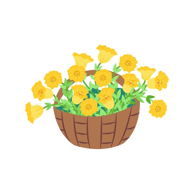 Basket with yellow petunias Bush of lush flowers Vector illustration