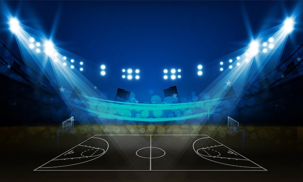 Basketball arena field with bright stadium lights design Vector illumination