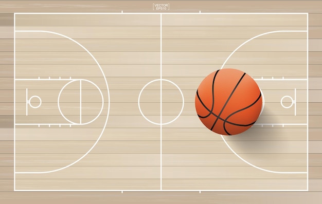 Basketball ball in basketball court area. With wooden pattern background. Vector illustration.