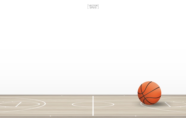 Basketball ball on basketball court with wooden floor pattern and texture