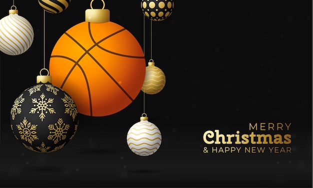 Basketball Christmas card. Merry Christmas sport greeting card. Hang on a thread basketball ball as a xmas ball and golden bauble on black horizontal background. Sport Vector illustration.