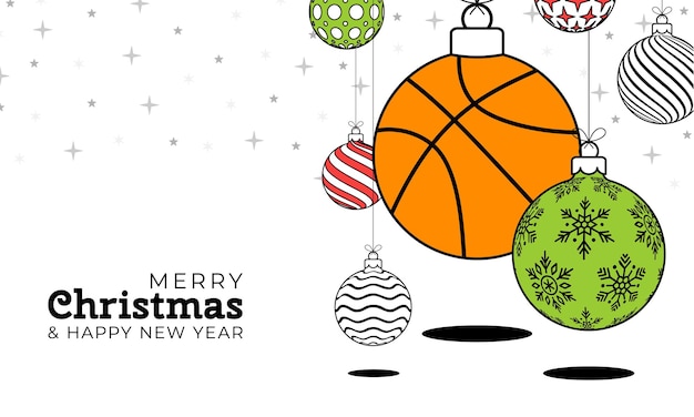 Basketball christmas greeting card in trendy line style Merry Christmas and Happy New Year outline cartoon Sports banner basketball ball as a xmas ball on white background Vector illustration