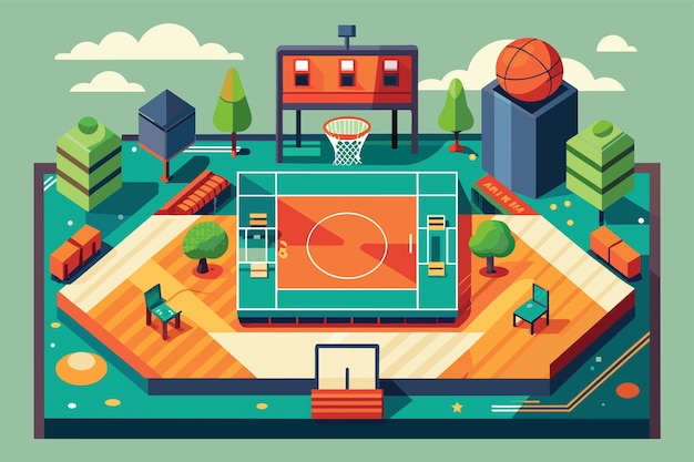 A basketball court enclosed by green trees and urban buildings under a clear sky A minimalist illustration of a basketball player in middribble