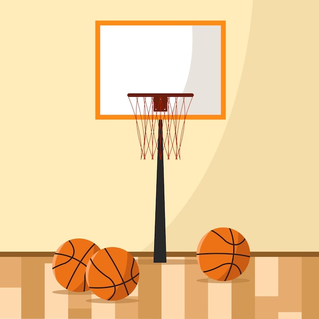 Basketball court with basketballs on the parquet Vector illustration