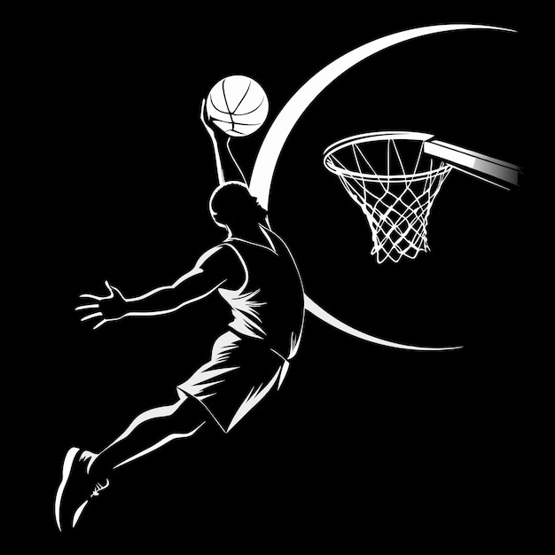 Vector basketball entering the hoop against a stark black background