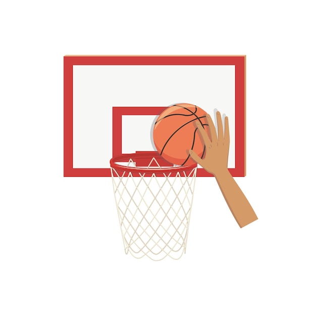 Basketball falling in basket hoop at backboard a dunk illustration Sport gear with hand vector icon