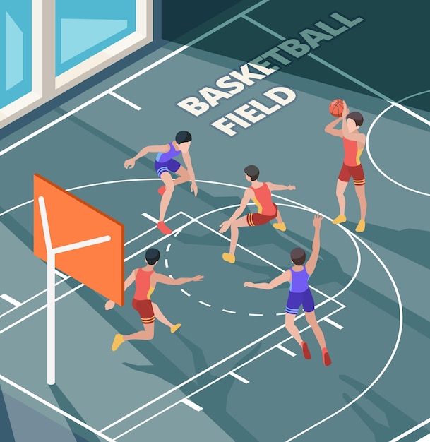 Basketball field. Sport club active game players in action poses orange ball on court or floor isometric characters.