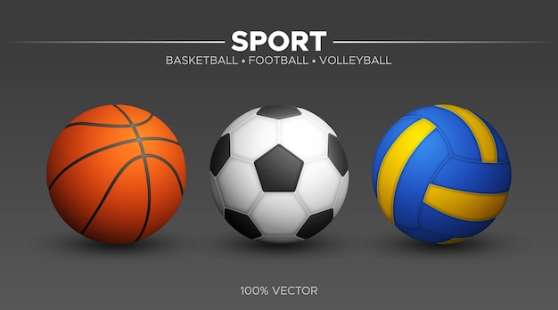 Vector basketball football volleyball soccer balls mockup 3d vector sport illustration isolated on black