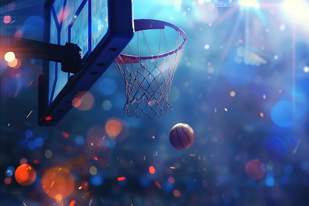 a basketball hoop with the ball in the basket and the net in the background