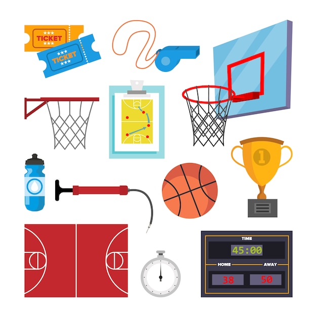 Basketball Icons Set Vector. Sport Basketball Symbol And Accessories. Isolated Flat Cartoon 