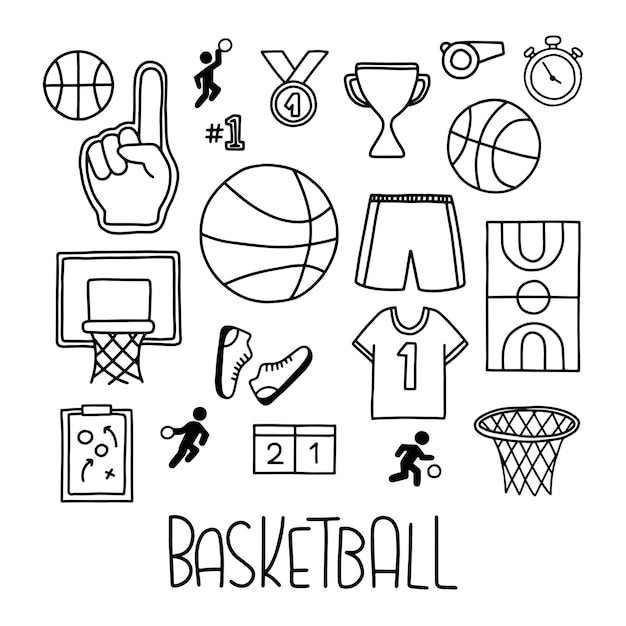 Basketball icons with lettering Hand draw vector line illustration