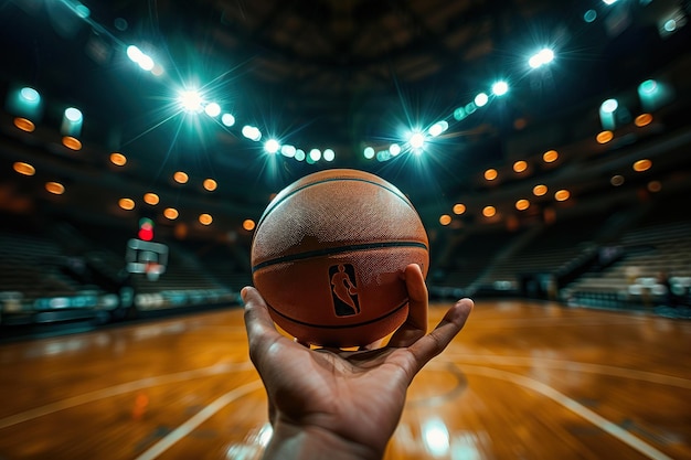 Vector a basketball is being held up in a stadium with a person holding a basketball