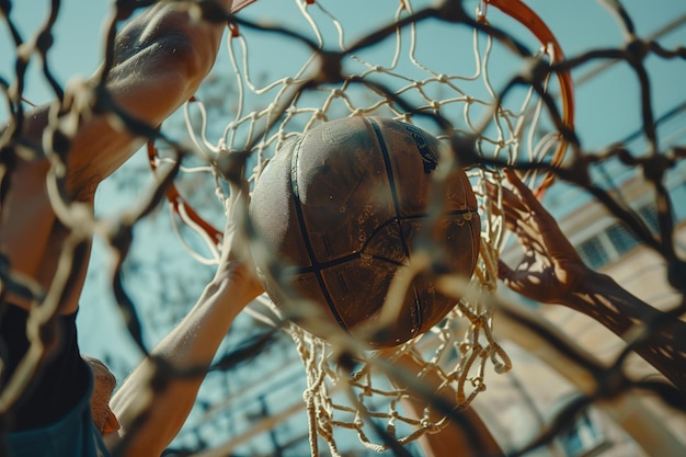 Vector a basketball is in a net with a ball in it