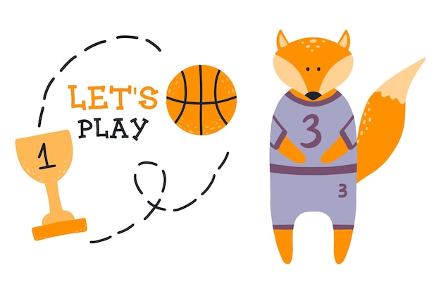 Vector basketball kids poster fox basketball player basketball concept vector illustration