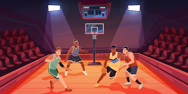 Vector basketball match professional sports game different teams players with orange ball closed hall with spectator seats people on tournament or championship tidy vector cartoon flat concept