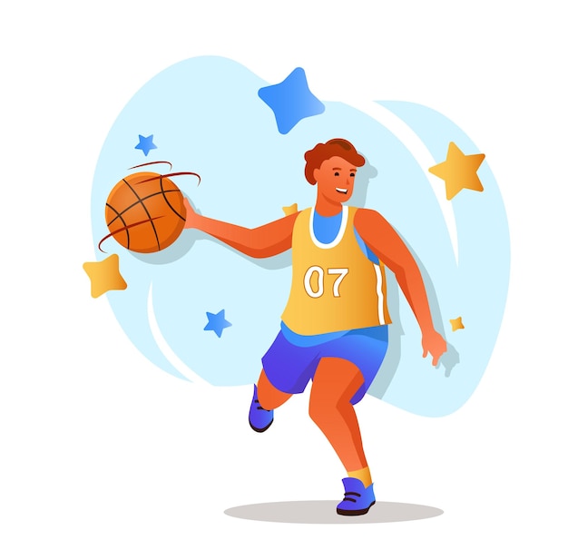 Basketball player flat character concept for web design Man in sports uniform runs with ball