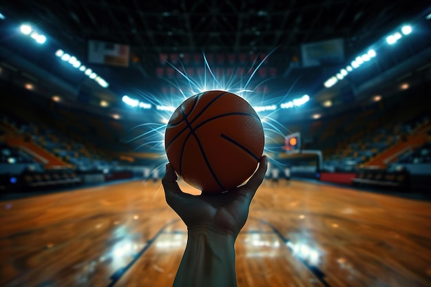 a basketball player holds a basketball in front of a basketball hoop