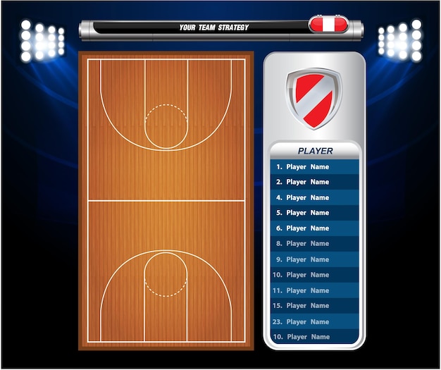 Vector basketball player lineup and basketball court with set of infographic elements