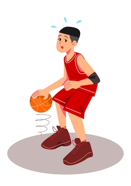 Basketball player in red dribbling the ball