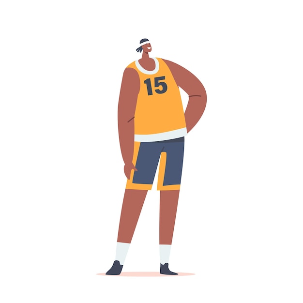 Basketball Player Wear Uniform Sportsman Character with Dark Skin Stand with Arm Akimbo Isolated on White Background Happy Male Character Competition Participant Cartoon People Vector Illustration