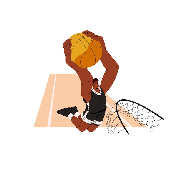 Basketball player with ball in hands throwing it to net basket Black man playing sport game with hoop Sportsman athlete training Flat graphic vector illustration isolated on white background