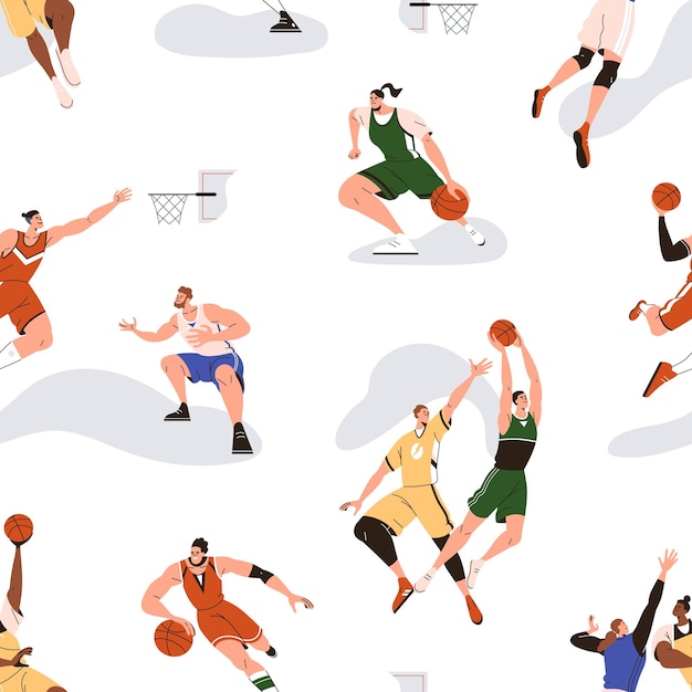 Basketball players pattern with athletes playing basket ball game. Seamless background with sport people print. Repeating texture with men, women dribbling, throwing. Colored flat vector illustration.