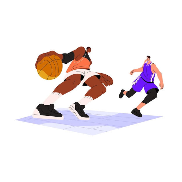 Basketball players playing sport game championship international competition Rivals competitors opponents struggling ball at tournament Flat vector illustration isolated on white background