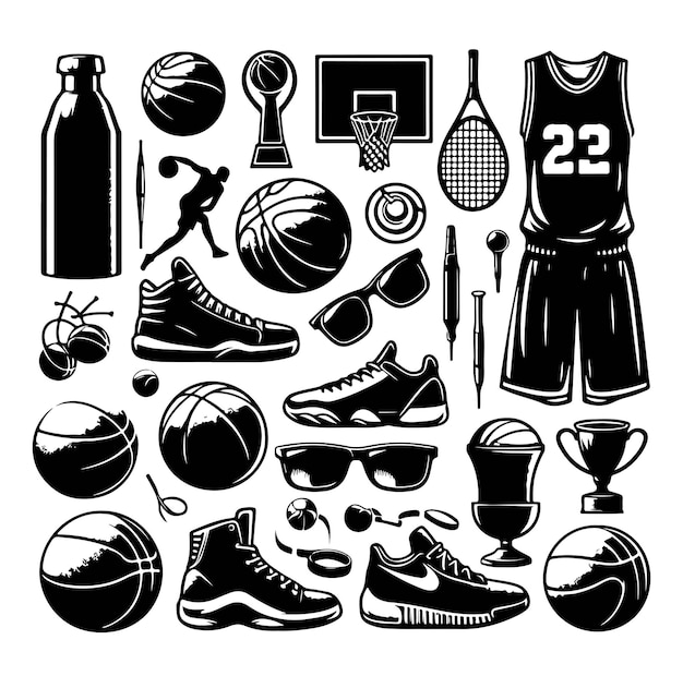 Vector basketball players set collection silhoutte of sports equipment for people playing basketball