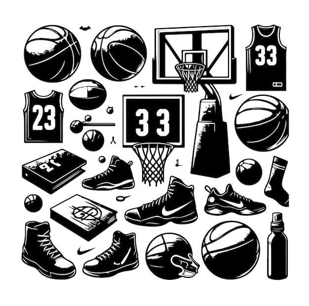 Vector basketball players set collection silhoutte of sports equipment for people playing basketball