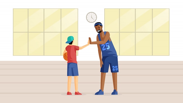 Basketball players in sport hall flat illustration. Team game, training, sport competition preparation, hobby, active leisure. Coach and little basketball player with ball cartoon characters