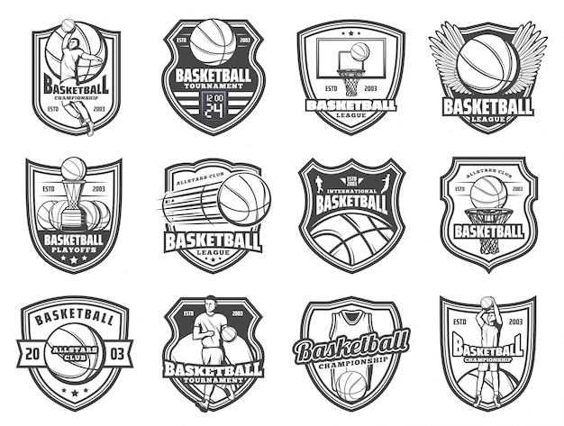 Basketball sport ball and player shield badges