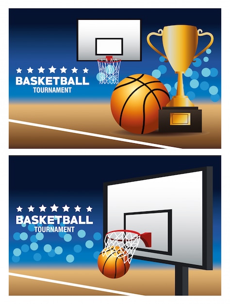 Basketball sport poster with trophy and basket in court