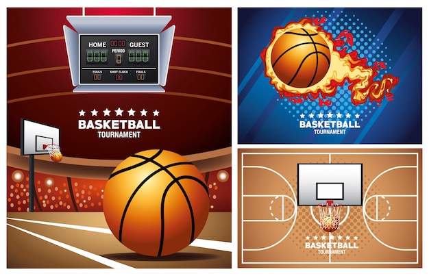 Basketball sport posters with balloon and basket in court