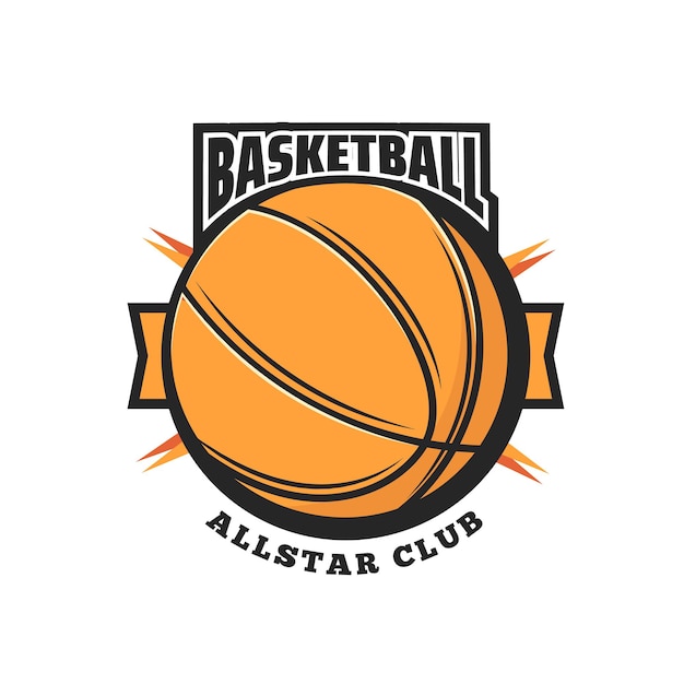 Basketball sport vector icon with orange ball and ribbon banner. Basketball game team sport club isolated symbol or emblem design with rubber or leather ball of center, forward and guard players