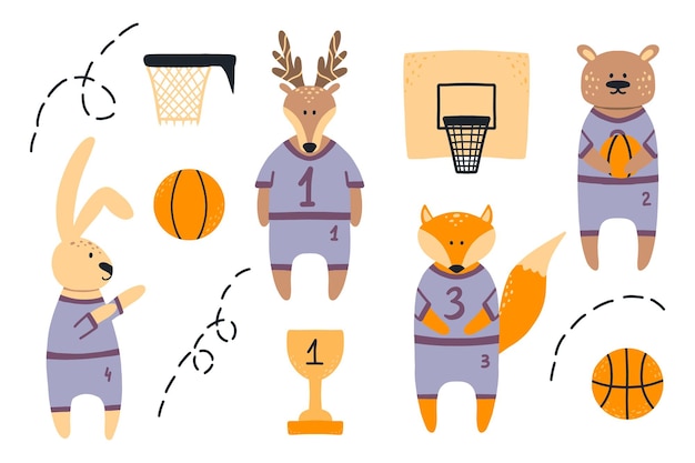 Basketball team of forest animals Set for children's basketball Hand drawn illustration in scandinavian style Vector illustration