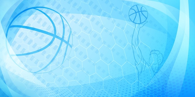 Basketball themed background in blue tones with abstract meshes curves and dots with a male basketball player and ball