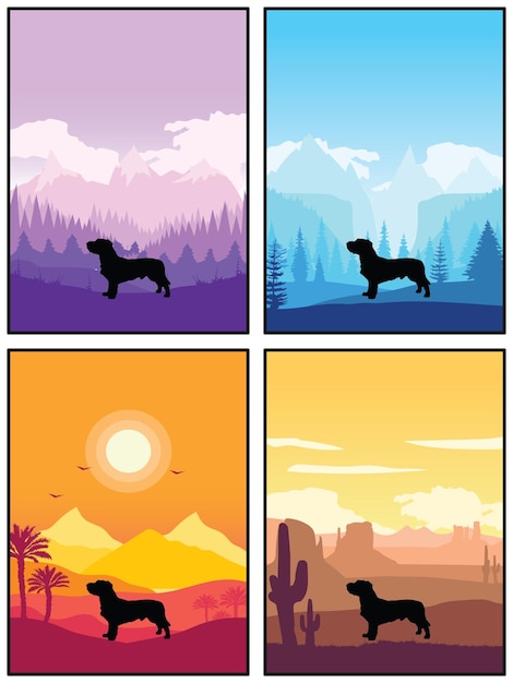 Basset Fauve De Bretagne Dog Breed Silhouette Sunset Forest Nature Background 4 Posters Sticker Card