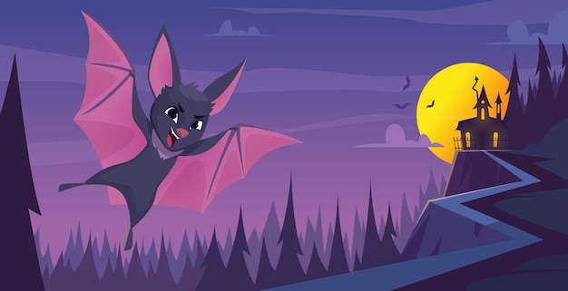 Bat background Scary flying wild animal in night landscape exact vector cartoon illustrations of bat mouse mascot