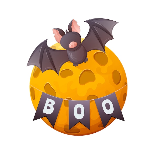 Bat and full moon. Garland of flags with the text Boo. Cartoon vector illustration for Halloween