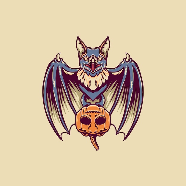 Bat And Pumpkin Retro Illustration