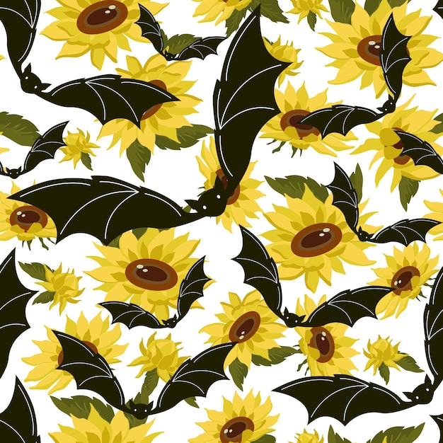 Bat and yellow sunflowers on a white background. Halloween design seamless pattern. Vector art