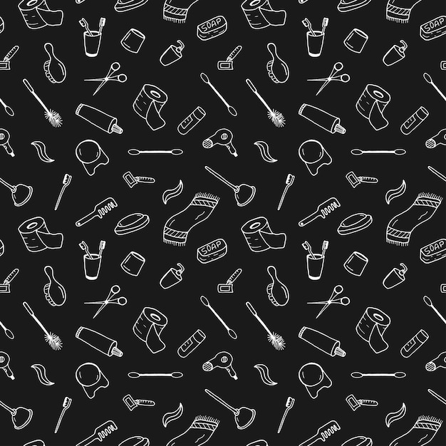 Bath accessories seamless pattern in doodle style.You can use each element separately.